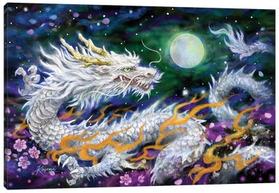 White Dragon And The Moon Canvas Art Print - Dragon Art