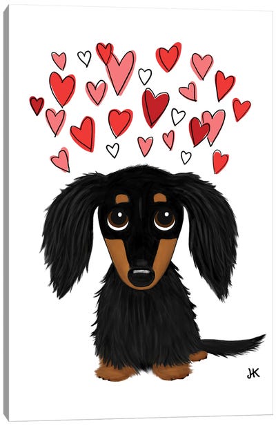 Cute Longhaired Black And Tan Dachshund With Hearts Canvas Art Print - Jenn Kay