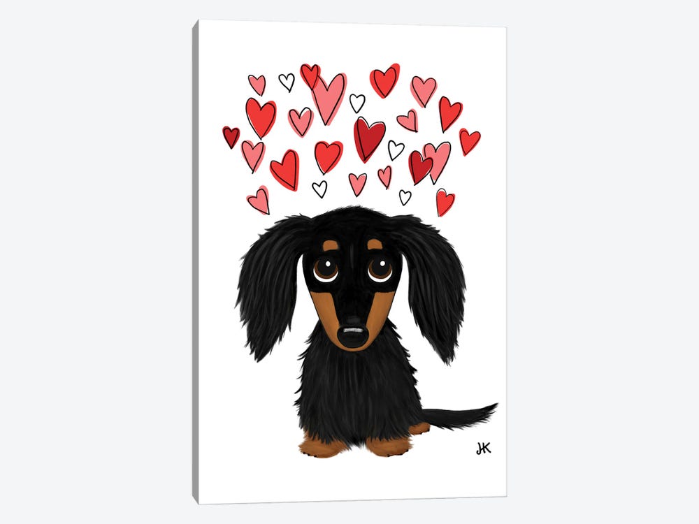 Cute Longhaired Black And Tan Dachshund With Hearts by Jenn Kay 1-piece Art Print