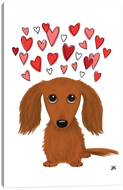 Longhaired Dachshund With Hearts Canvas Art Print - Jenn Kay