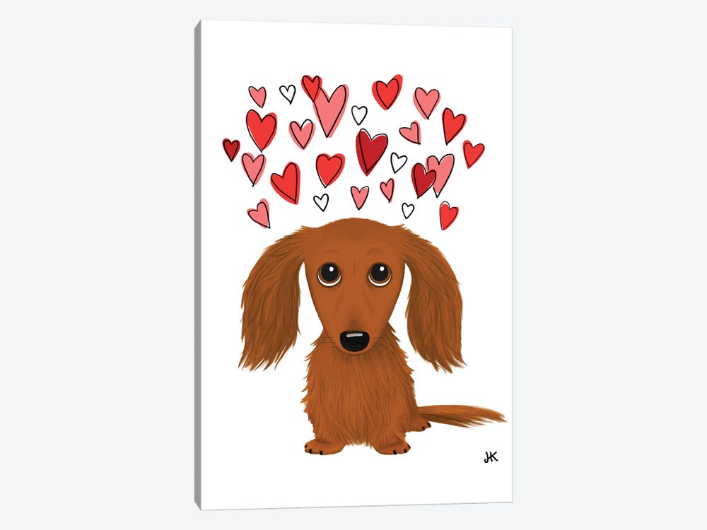 Longhaired Dachshund With Hearts by Jenn Kay 1-piece Canvas Art Print
