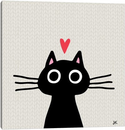 Quirky Black Kitty Cat With Heart Canvas Art Print - Jenn Kay