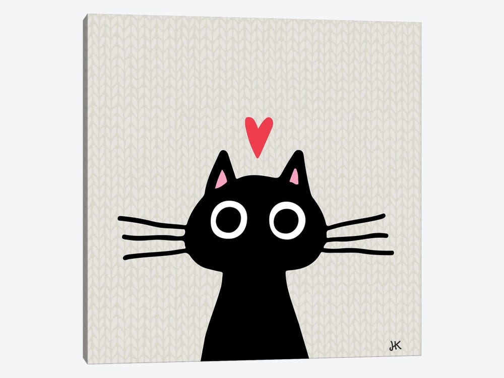 Quirky Black Kitty Cat With Heart by Jenn Kay 1-piece Canvas Wall Art