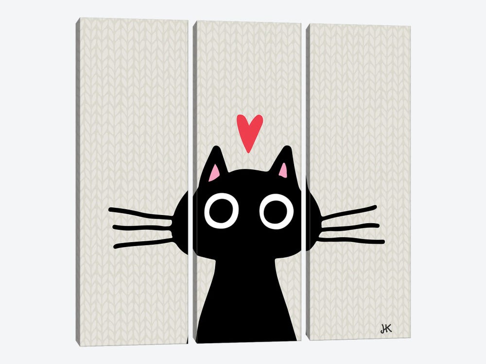 Quirky Black Kitty Cat With Heart by Jenn Kay 3-piece Canvas Wall Art