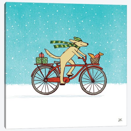 Cycling Dog And Squirrel Winter Holiday Canvas Print #KYJ3} by Jenn Kay Canvas Print
