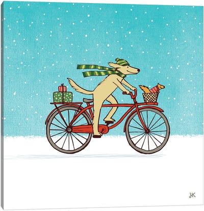 Cycling Dog And Squirrel Winter Holiday Canvas Art Print - Jenn Kay
