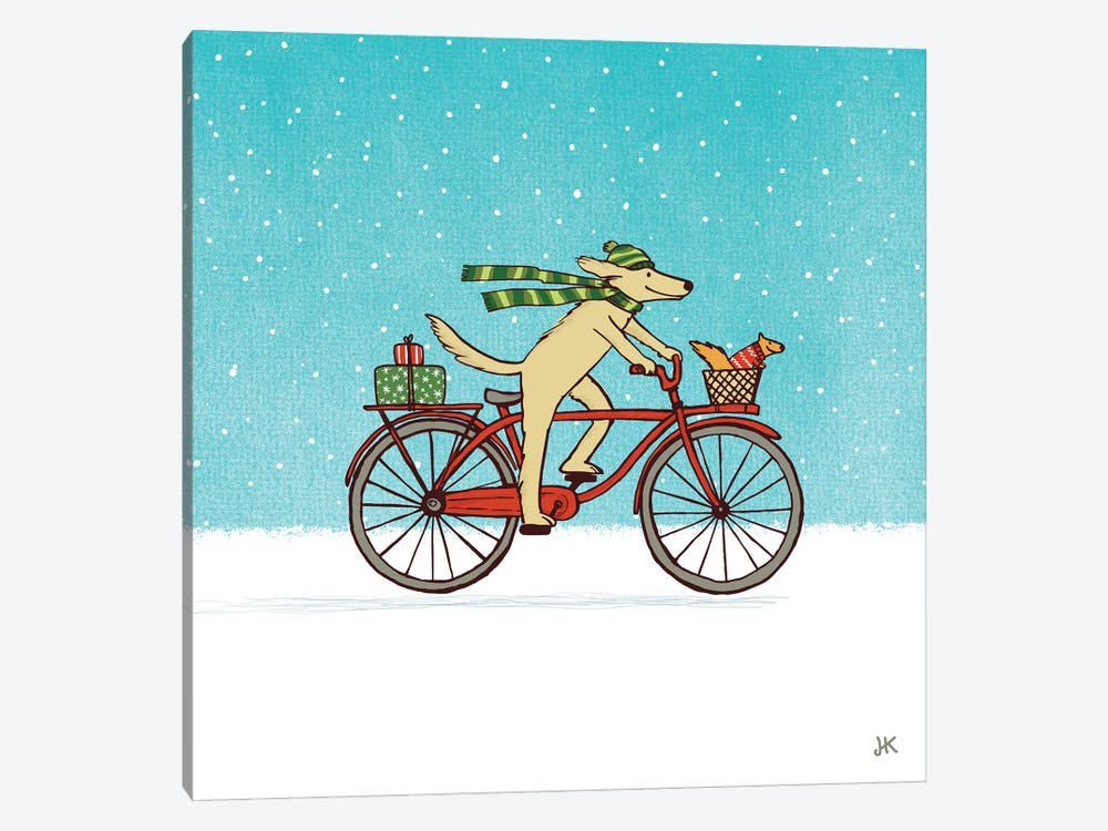 Cycling Dog And Squirrel Winter Holiday by Jenn Kay 1-piece Canvas Wall Art