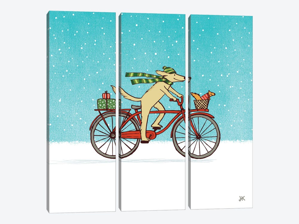 Cycling Dog And Squirrel Winter Holiday by Jenn Kay 3-piece Canvas Artwork