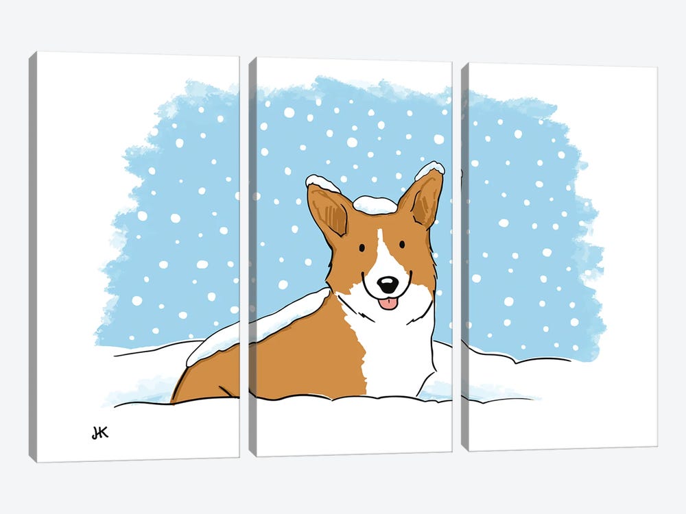 Corgi In The Snow by Jenn Kay 3-piece Canvas Print