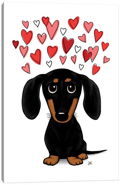 Black And Tan Dachshund With Valentine Hearts Canvas Art Print - Jenn Kay