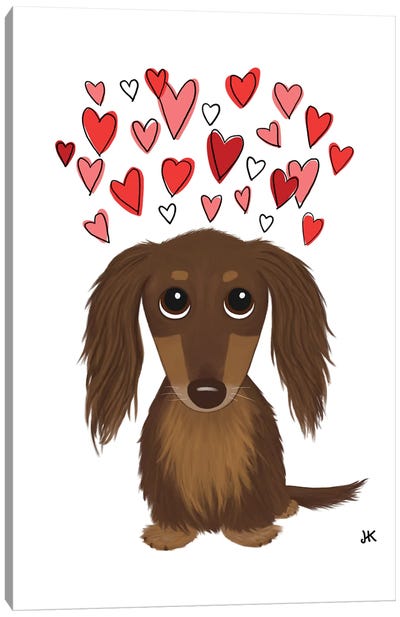 Chocolate Longhaired Dachshund With Hearts Canvas Art Print - Jenn Kay