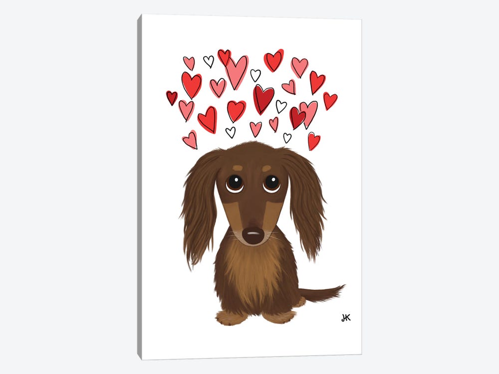 Chocolate Longhaired Dachshund With Hearts by Jenn Kay 1-piece Canvas Print