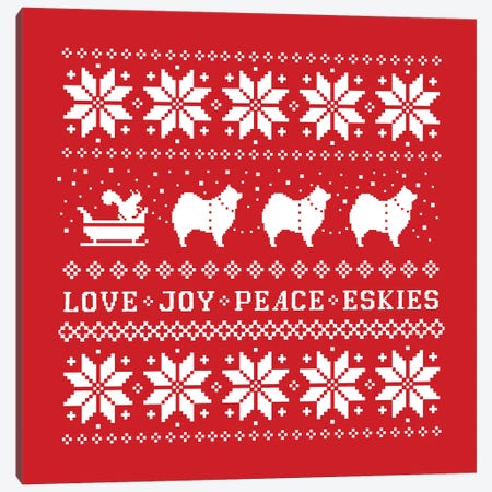 Love Joy Peace Eskies American Eskimo Dogs Holiday Canvas Print #KYJ59} by Jenn Kay Canvas Artwork