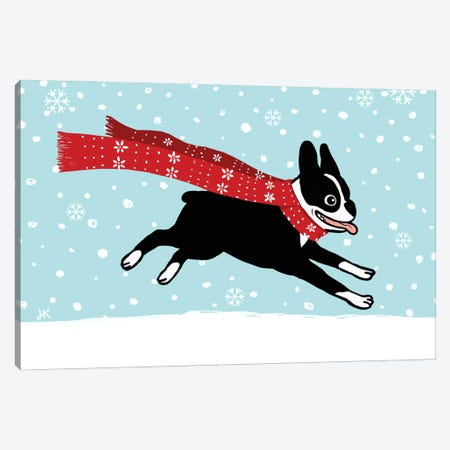 Winter Holiday Boston Terrier With Scarf Canvas Print #KYJ93} by Jenn Kay Canvas Wall Art