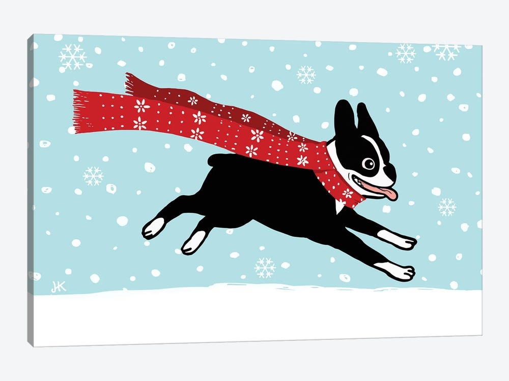 Winter Holiday Boston Terrier With Scarf by Jenn Kay 1-piece Art Print
