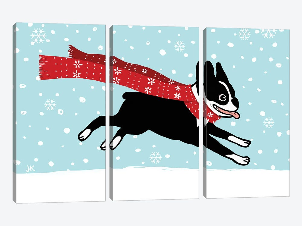 Winter Holiday Boston Terrier With Scarf by Jenn Kay 3-piece Canvas Art Print