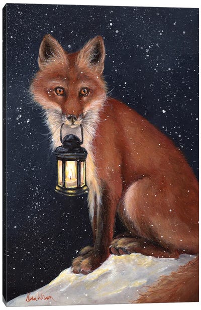 Fox And Lantern Canvas Art Print - Snow Art