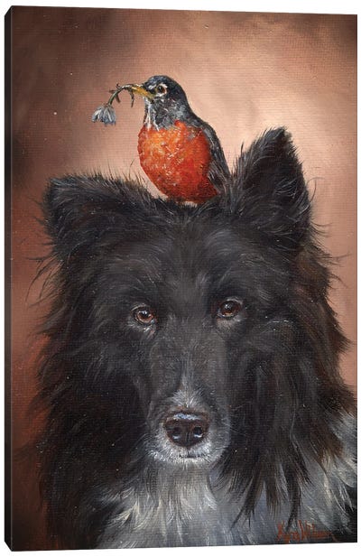 Dog And Robin Canvas Art Print - Kyra Wilson