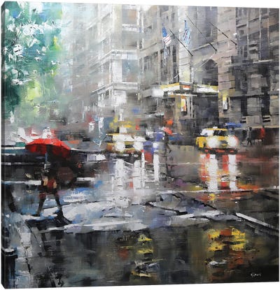 Manhattan Red Umbrella Canvas Art Print - Mark Lague