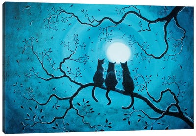 Three Black Cats Under A Full Moon Canvas Art Print - Cat Art