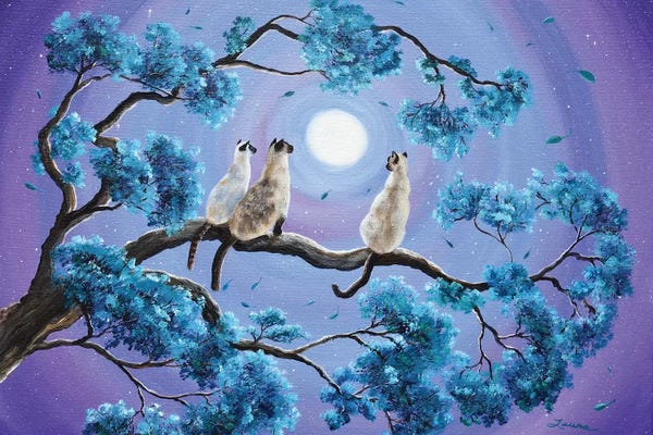 Laura Iverson: Three Siamese Cats In Moonlight by Laura Iverson