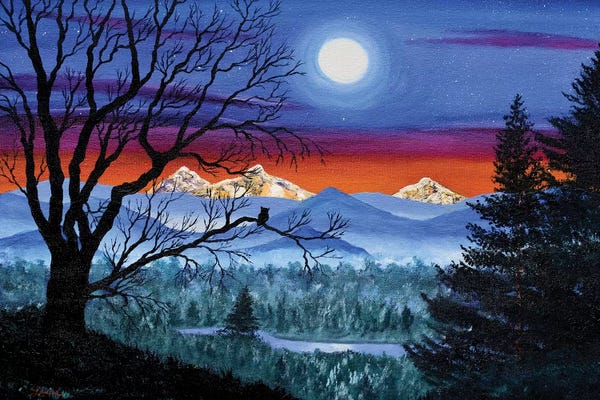 Laura Iverson: Three Sisters Overlooking A Moonlit River by Laura Iverson