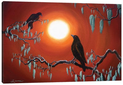 Two Crows On Mossy Branches Canvas Art Print - Crow Art