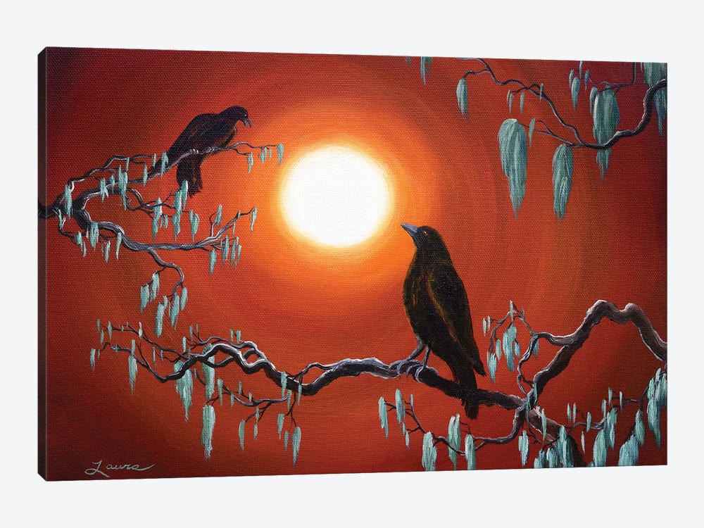Two Crows On Mossy Branches by Laura Iverson 1-piece Canvas Art Print