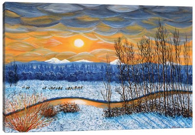 Winter River In Sunset Canvas Art Print - Laura Iverson