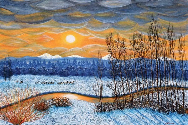 Laura Iverson: Winter River In Sunset by Laura Iverson