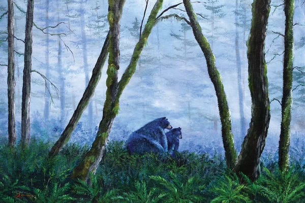 Laura Iverson: Black Bears In The Mist by Laura Iverson