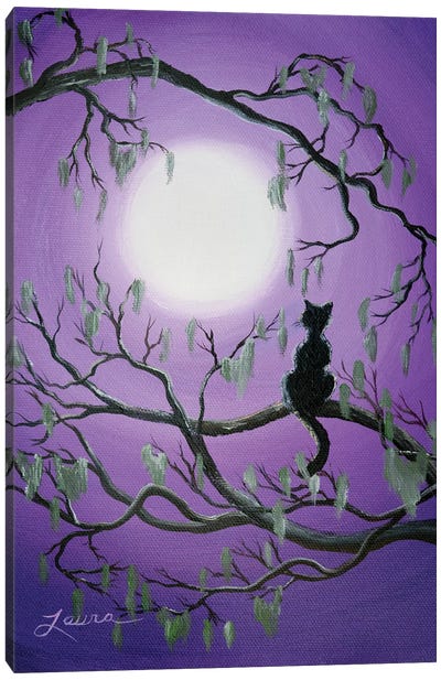 Black Cat In Mossy Tree Canvas Art Print - Laura Iverson