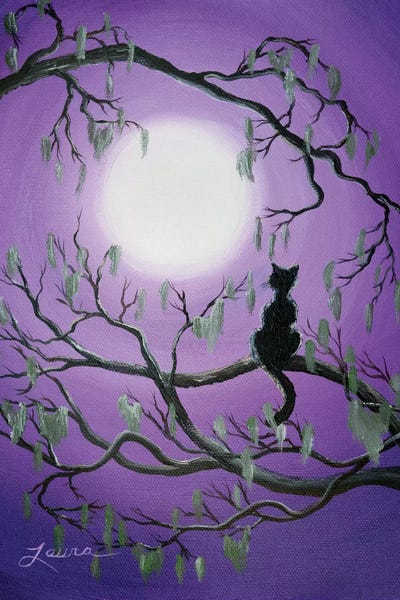 Laura Iverson: Black Cat In Mossy Tree by Laura Iverson