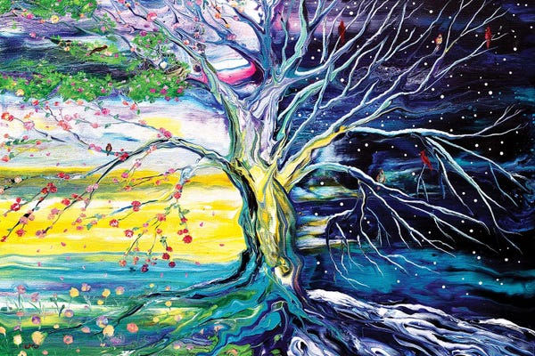 Intuitive Abstracts: Birds In Spring And Winter Tree Of Life by Laura Iverson