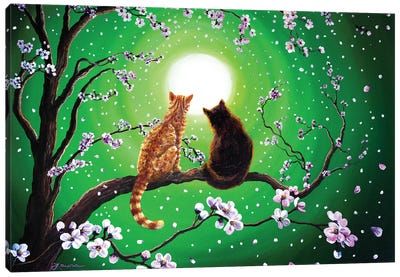 Cats On A Spring Night Canvas Art Print - Cherry Blossom Art