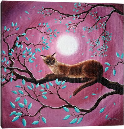 Chocolate Burmese Cat In Dancing Leaves Canvas Art Print - Laura Iverson