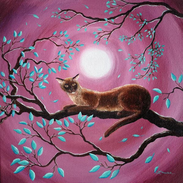 Laura Iverson: Chocolate Burmese Cat In Dancing Leaves by Laura Iverson
