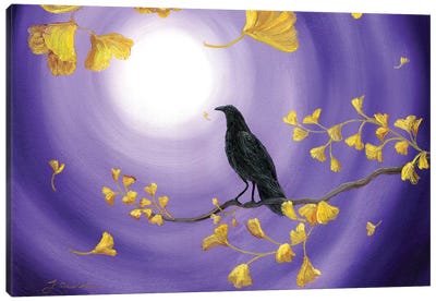 Crow In Ginkgo Leaves Canvas Art Print - Crow Art