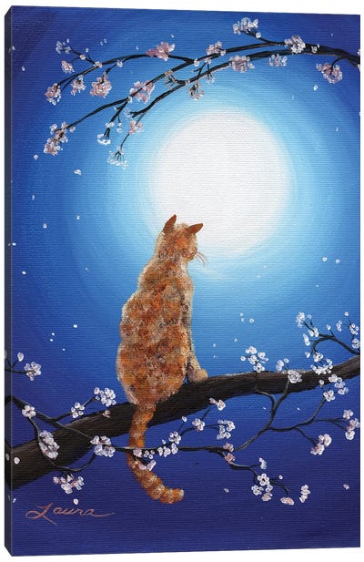 Ginger Cat In Blue Moonlight Canvas Art Print - Full Moon Art