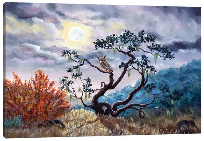 Horned Owl On Moonlit Oak Tree Canvas Art Print - Laura Iverson
