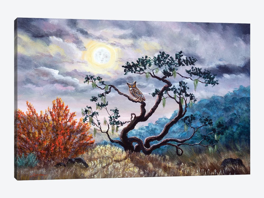 Horned Owl On Moonlit Oak Tree by Laura Iverson 1-piece Canvas Artwork