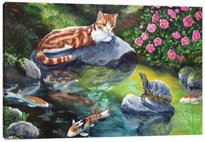 Loki Meets A Turtle Canvas Art Print - Orange Cat Art