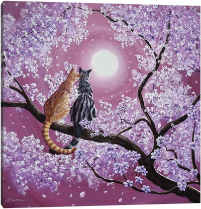 Orange And Gray Tabby Cats In Cherry Blossoms Canvas Art Print - Orange Cat Art