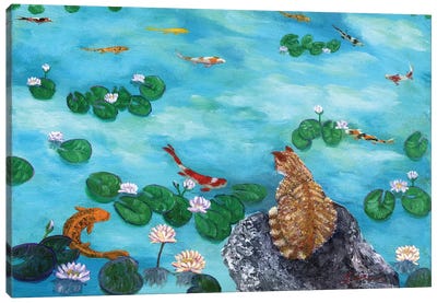 Orange Cat At Koi Pond Canvas Art Print - Koi Fish Art