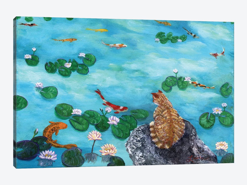 Orange Cat At Koi Pond by Laura Iverson 1-piece Art Print