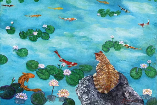 Lilies: Orange Cat At Koi Pond by Laura Iverson