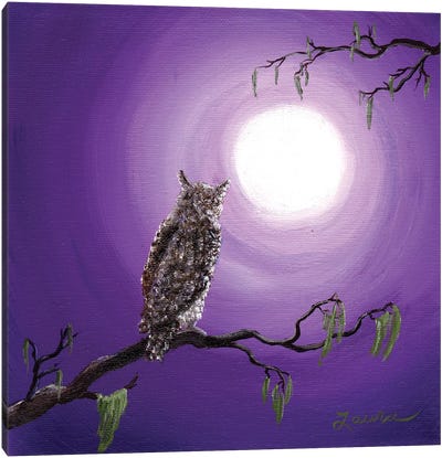 Owl On Mossy Branch Canvas Art Print - Laura Iverson