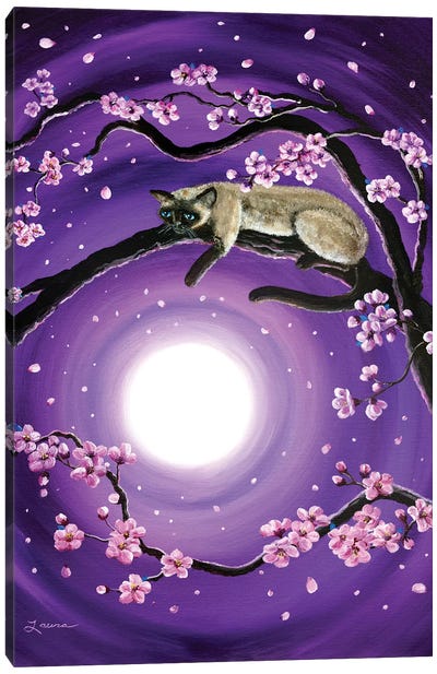 Purple Moonlight Sakura Canvas Art Print - Siamese Cat Art