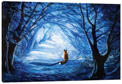 Red Fox In Blue Cypress Grove Canvas Art Print - Winter Wonderland