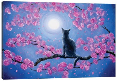 Russian Blue Cat In Pink Flowers Canvas Art Print